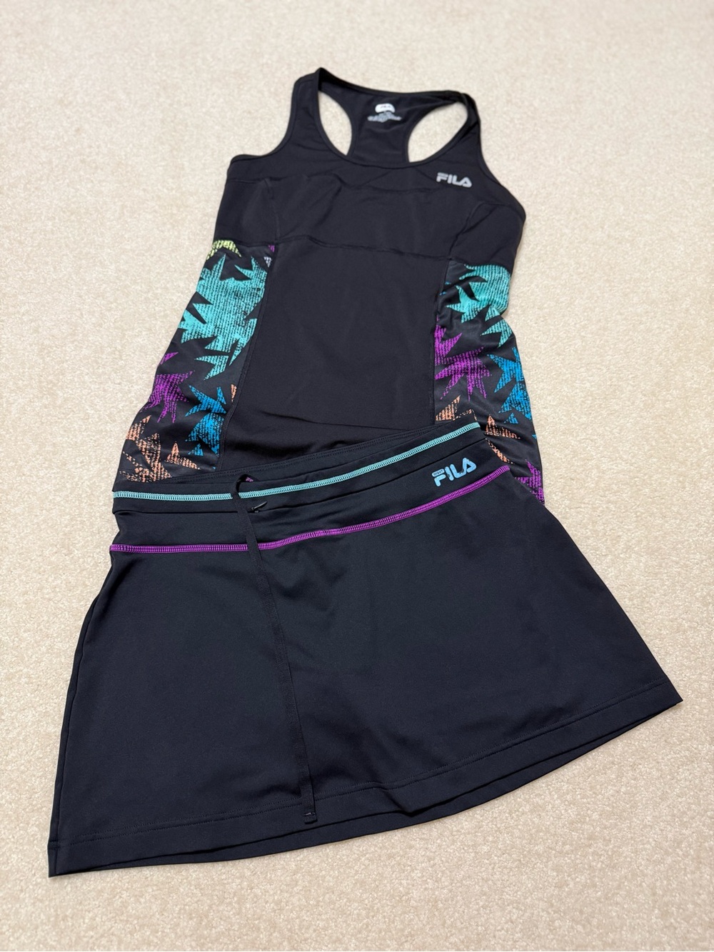 Fila Black Athletic Tank and Skort Set with Teal and Purple Accents Medium